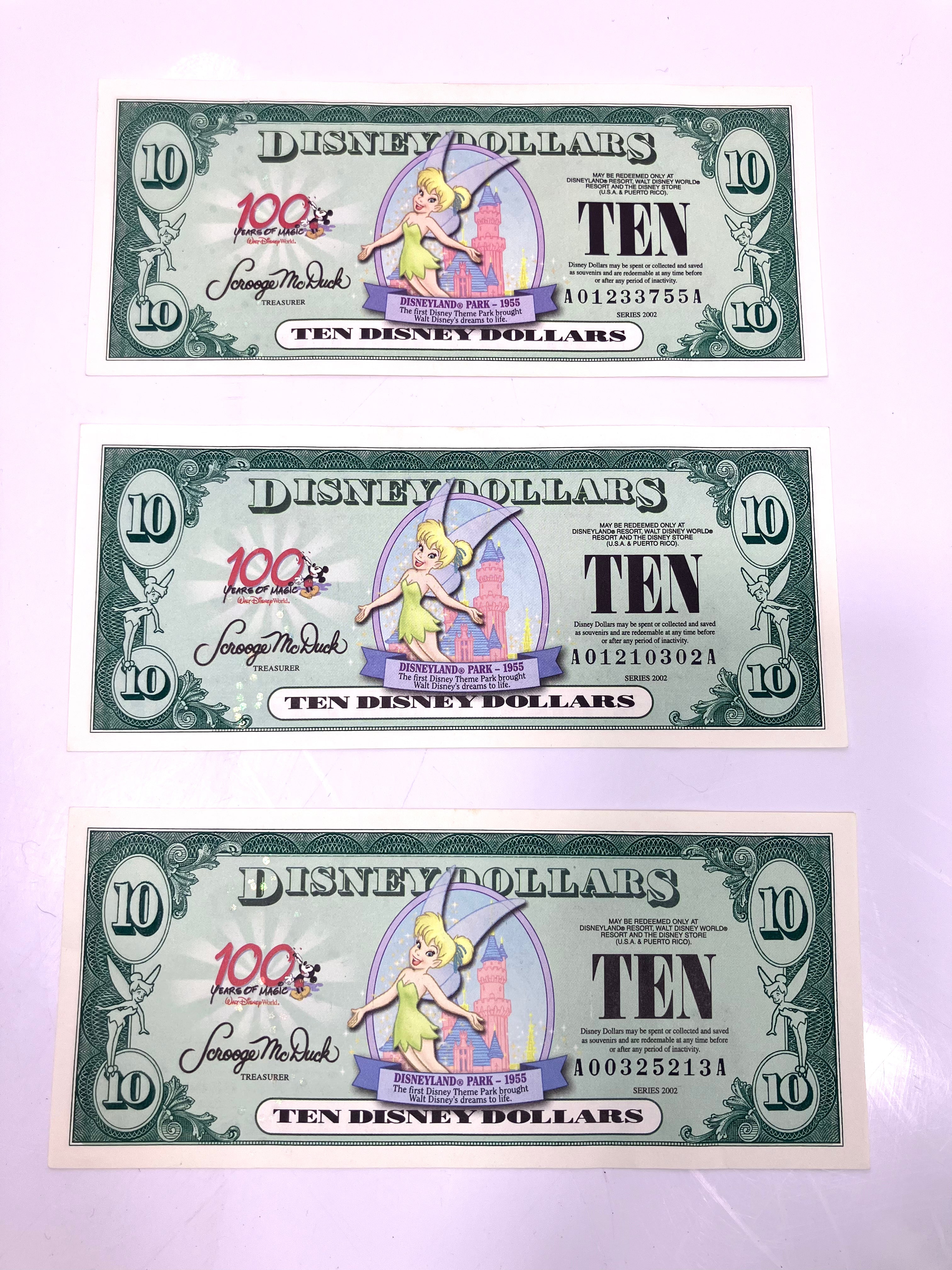 Lot of (3) 2002 Uncirculated $10 Disney Dollars Tinker Bell Crisp RARE 100 Years