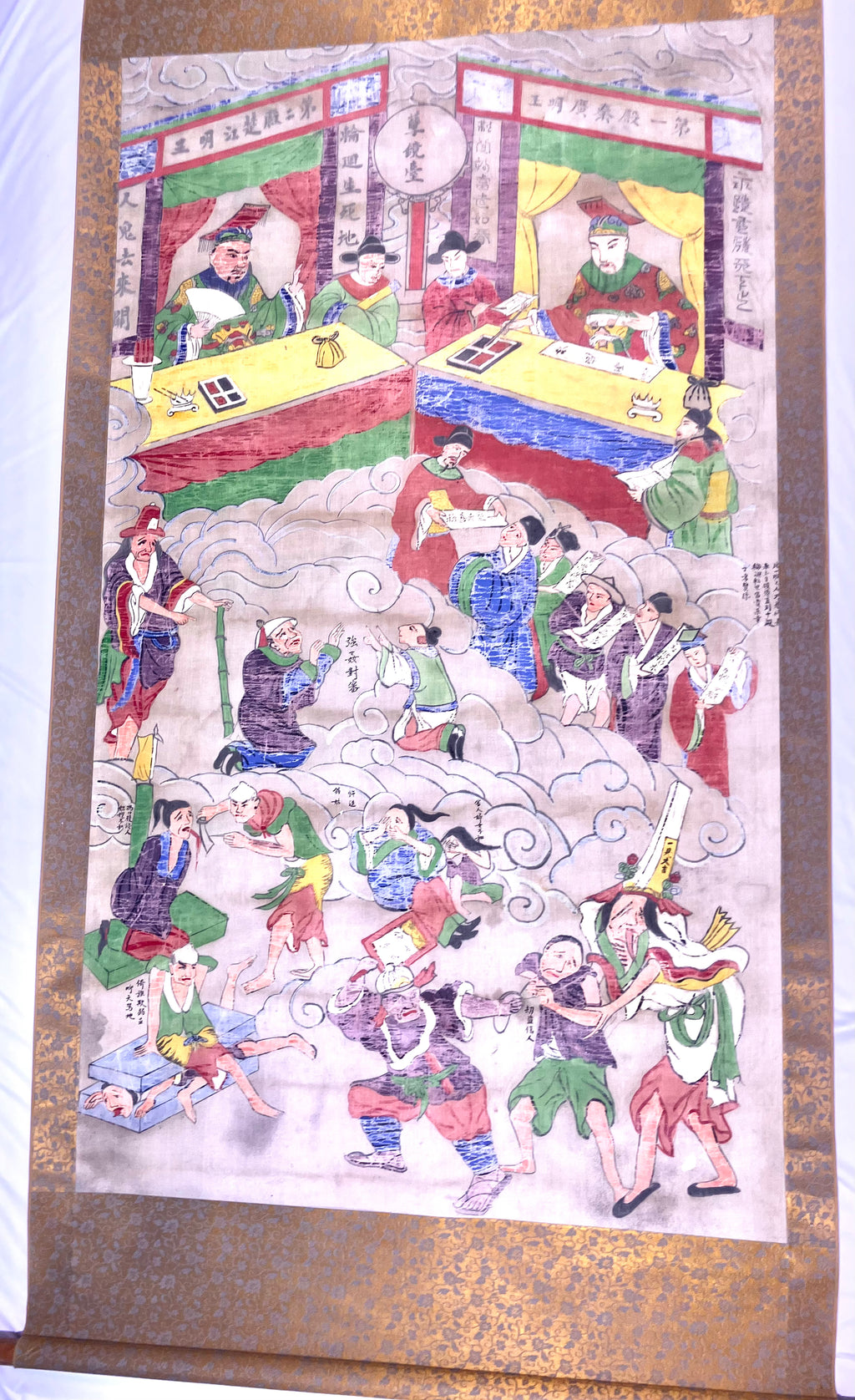 Lot (2) Rare Antique Chinese Death Scroll Afterlife Spiritual Ritual Hand Paint