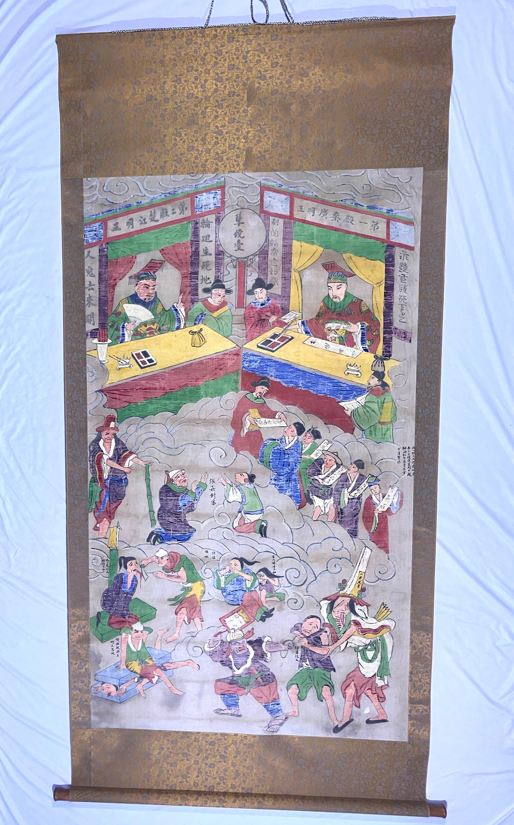 Lot (2) Rare Antique Chinese Death Scroll Afterlife Spiritual Ritual Hand Paint