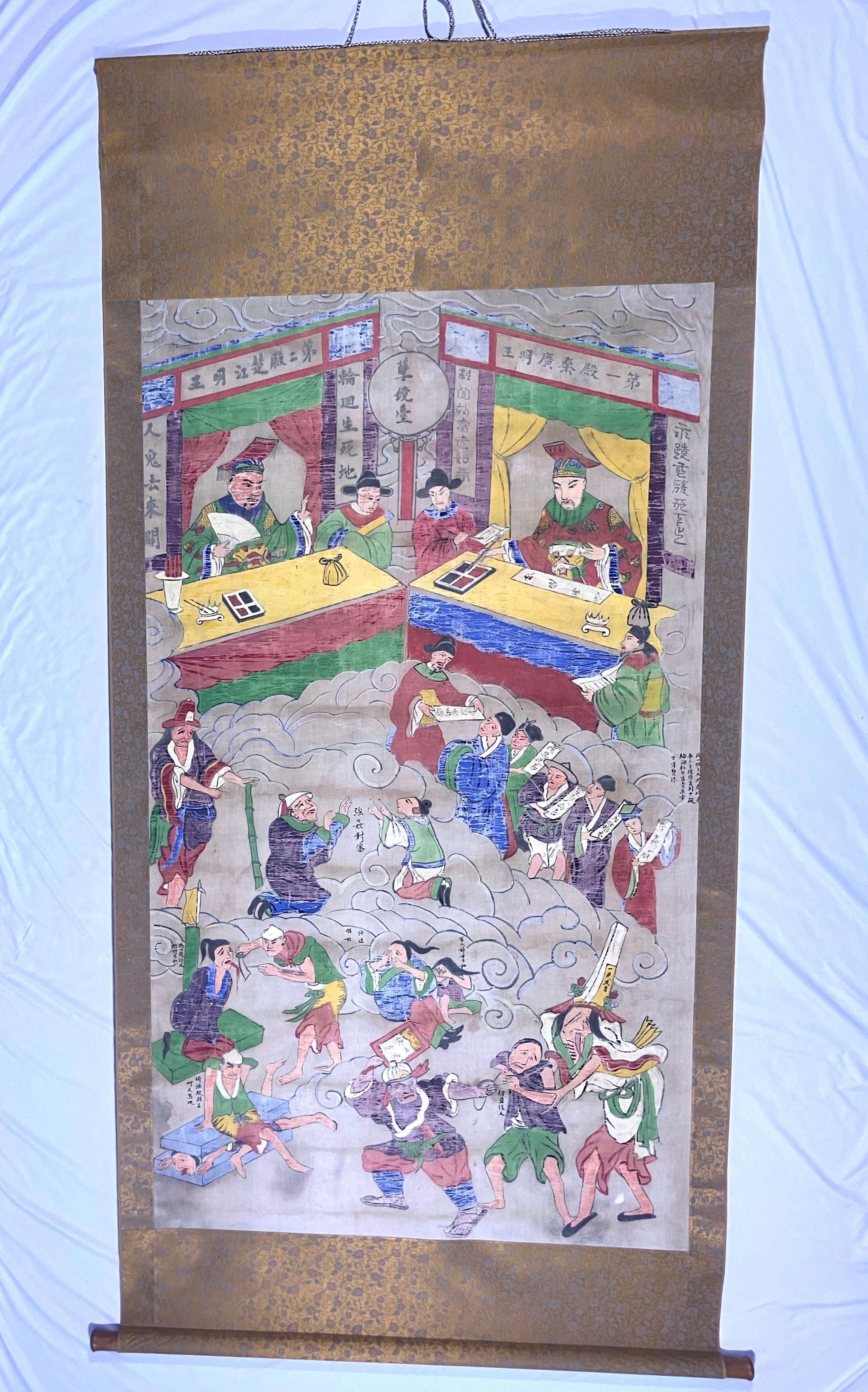 Lot (2) Rare Antique Chinese Death Scroll Afterlife Spiritual Ritual Hand Paint