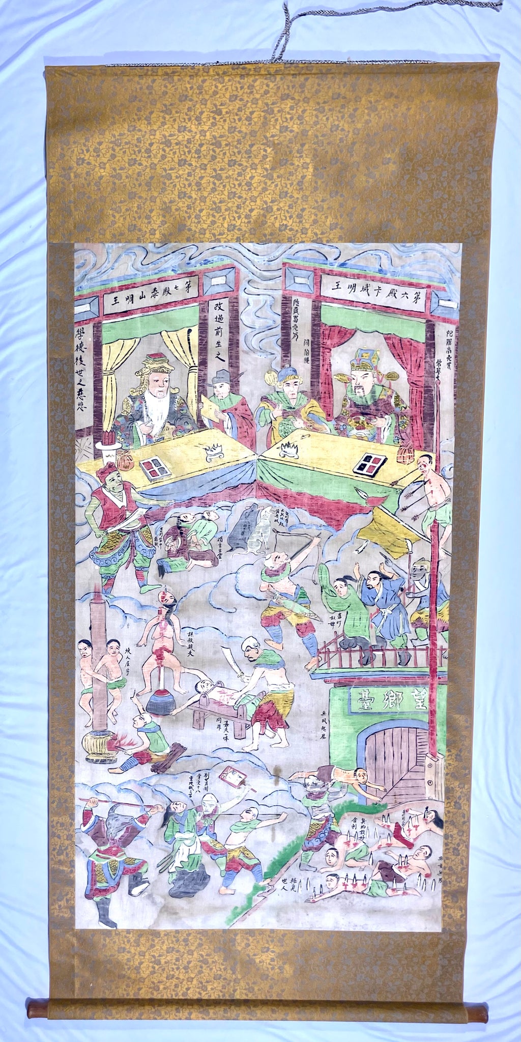 Lot (2) Rare Antique Chinese Death Scroll Afterlife Spiritual Ritual Hand Paint