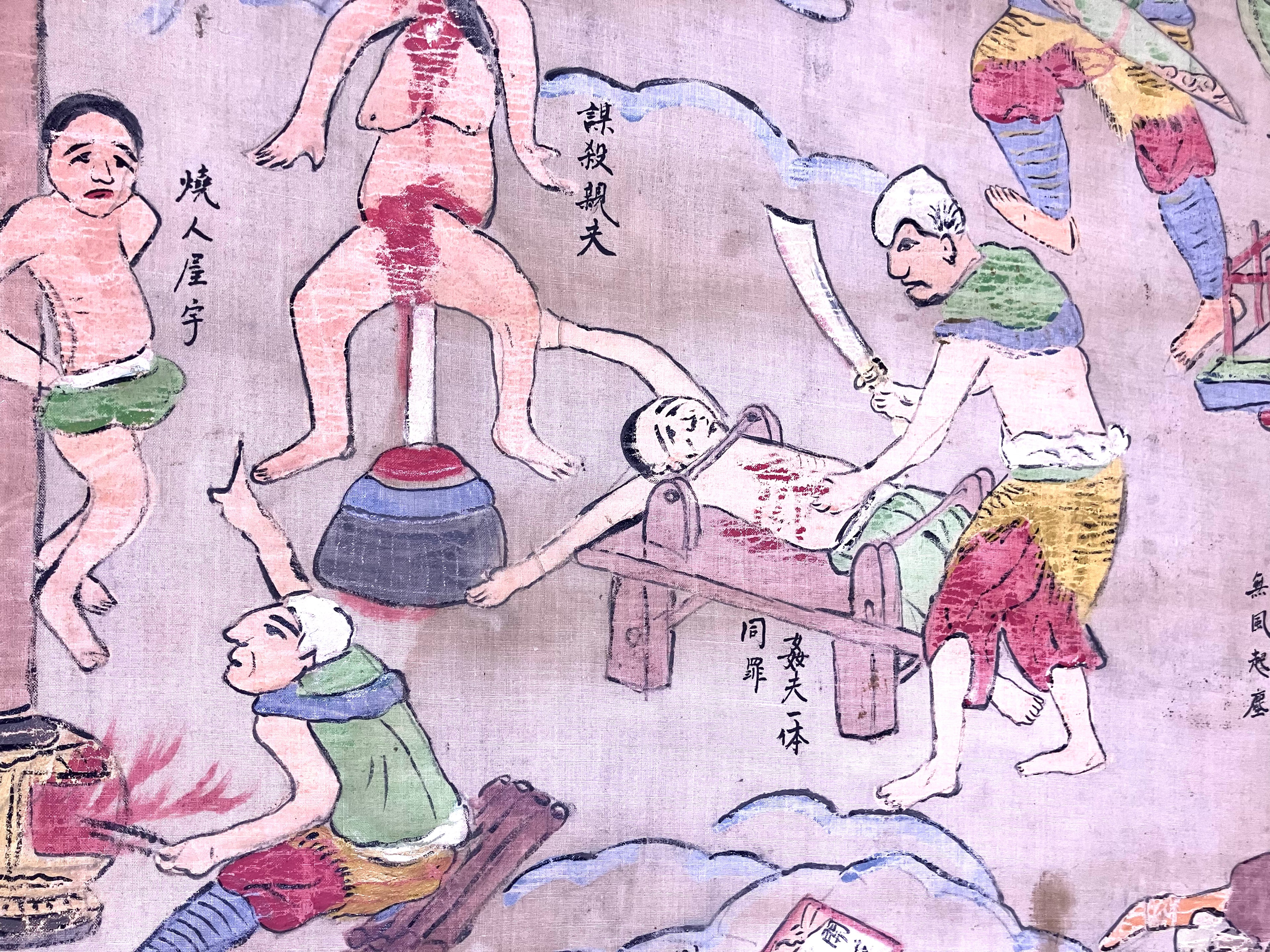 Lot (2) Rare Antique Chinese Death Scroll Afterlife Spiritual Ritual Hand Paint