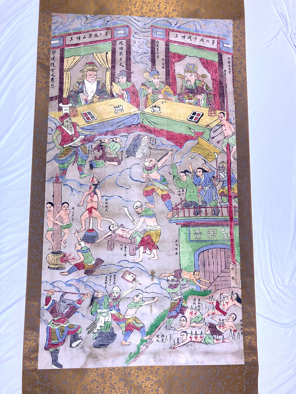 Lot (2) Rare Antique Chinese Death Scroll Afterlife Spiritual Ritual Hand Paint