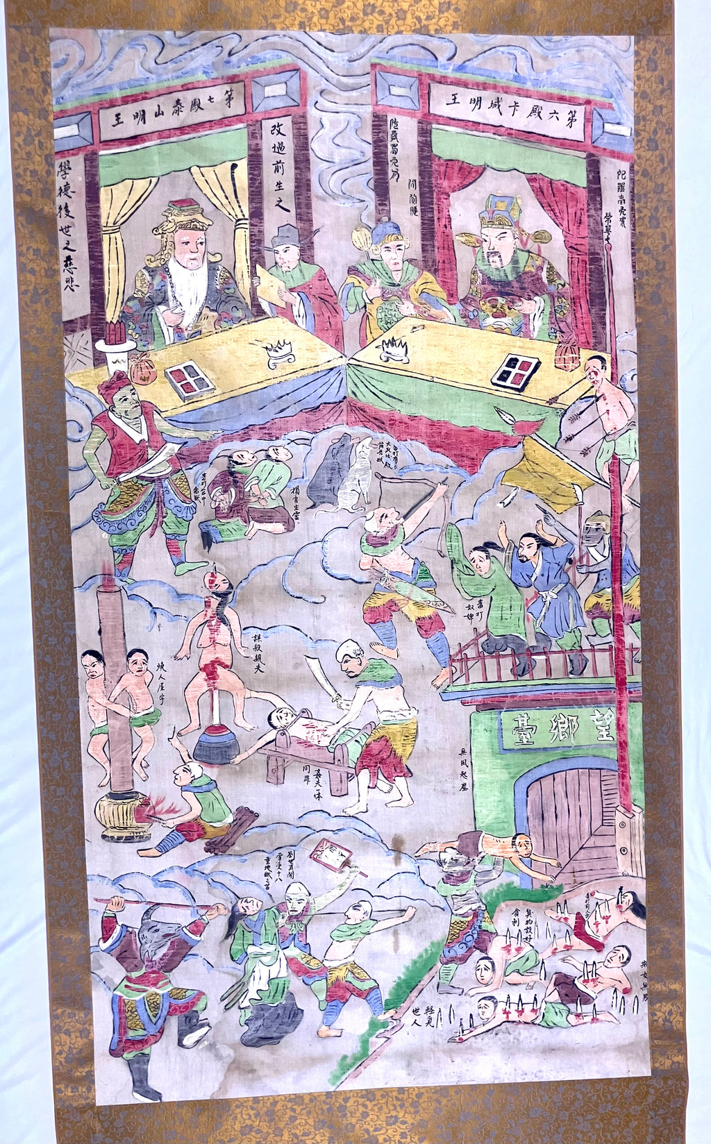 Lot (2) Rare Antique Chinese Death Scroll Afterlife Spiritual Ritual Hand Paint